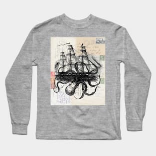 Octoship on Old Postcards Long Sleeve T-Shirt